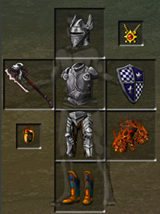 A character’s gear slots, all equipped